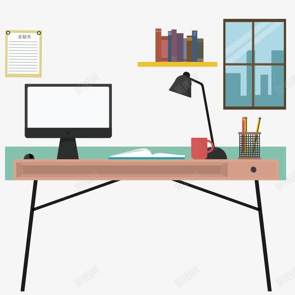 電腦臺燈筆筒商務素材 免摳PNG設計元素免費下載
